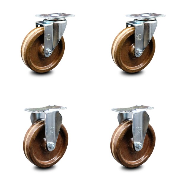 5 Inch High Temp Phenolic Wheel Swivel Top Plate Caster Set with 2 Rigid SCC